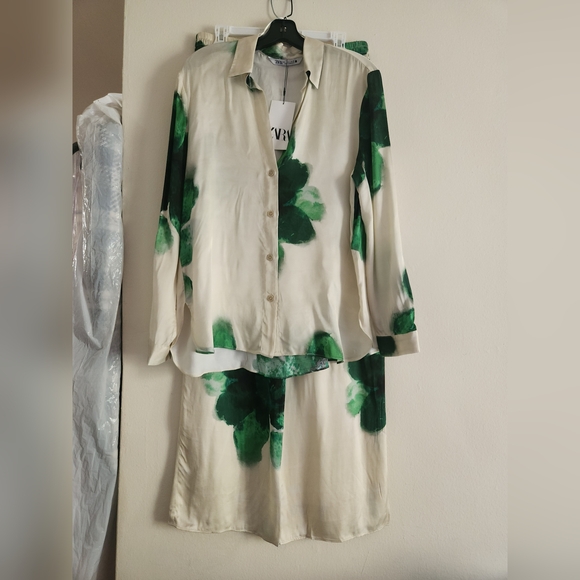 ZARA Co-ord Set Flowy Shirt & pajama Pants ZW Collection Floral Ecru/green Sz XL - Picture 3 of 12
